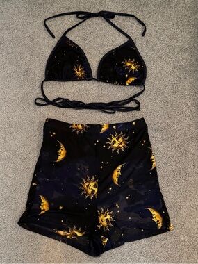 Bear Dance Y2k Navy Sun & Moon Print Bikini (M) Top & Shorts (S) Lined Mesh Set